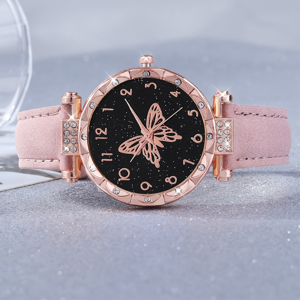 6pcs Lovely Pink Butterfly Shell Quartz Watch, Bracelet, Necklace & Earrings Set - Pointer Display, Electronic Quartz Movement, Non-Rechargeable Battery – Ideal Gift for Valentine’s Day, Easter & Eid al-Fitr – Best Pres
